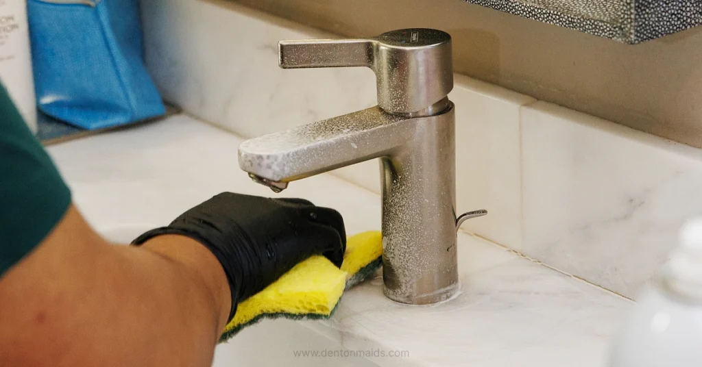 House cleaner cleaning a bathroom sink faucet