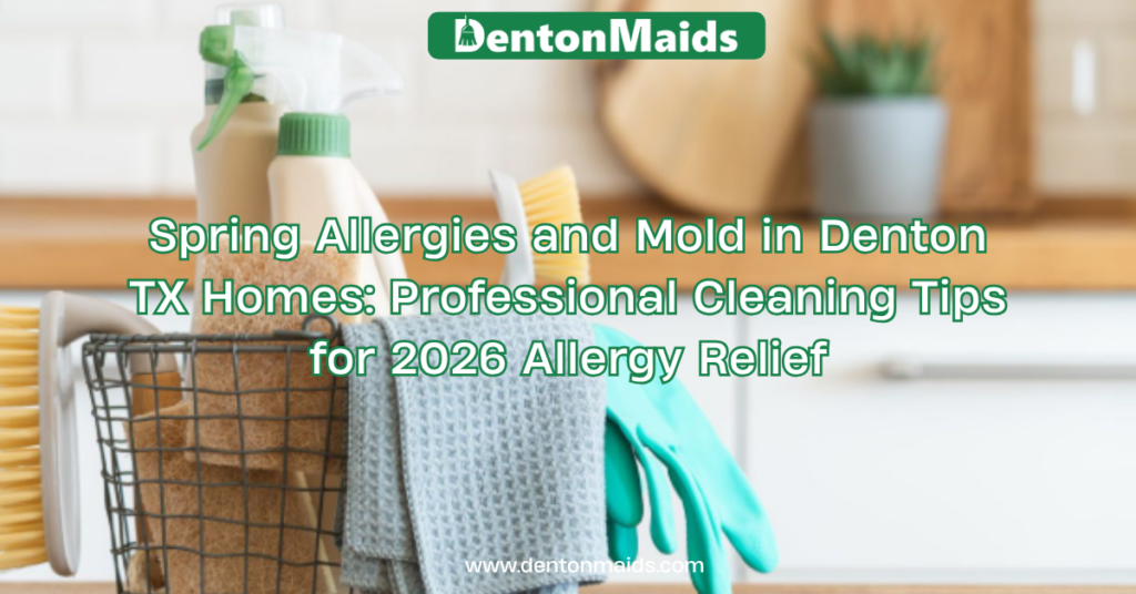 Professional cleaning supplies and checklist for 2026 spring allergy relief in Denton, TX homes. Includes Denton Maids logo.