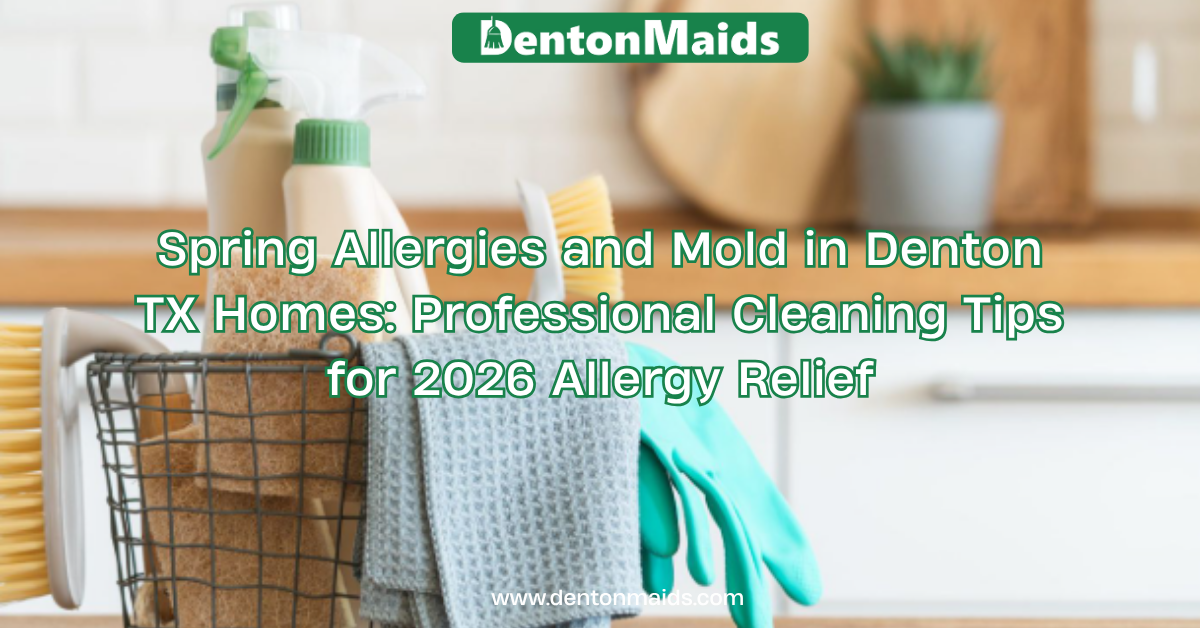 Professional cleaning supplies and checklist for 2026 spring allergy relief in Denton, TX homes. Includes Denton Maids logo.