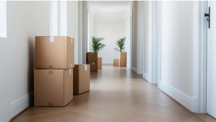 A bright, long hallway with light wood floors lined with stacked cardboard moving boxes and potted palm plants, symbolizing a fresh start or recent move.