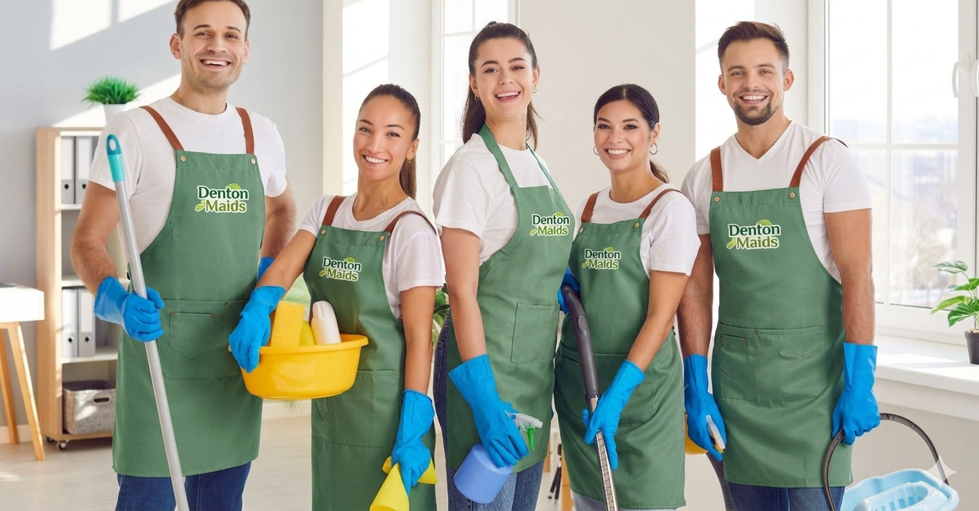 A professional team of five cleaners in green 'Denton Maids' aprons smiling and holding supplies, ready for expert house cleaning in Denton, TX.