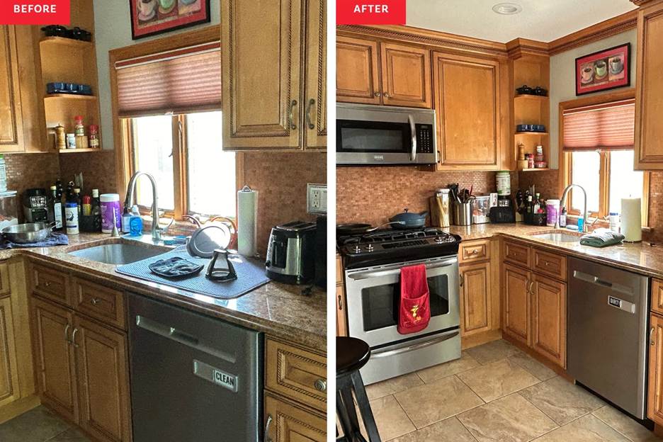 Before and after deep cleaning kitchen.