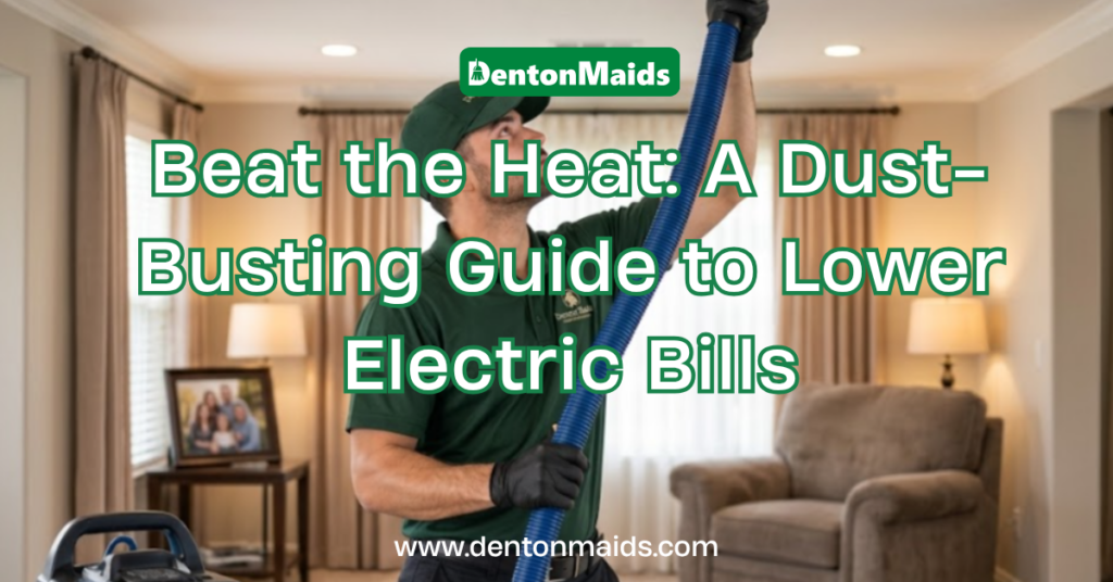 A Denton Maids professional cleaning a residential ceiling vent using a specialized vacuum hose in a well-lit home living room.