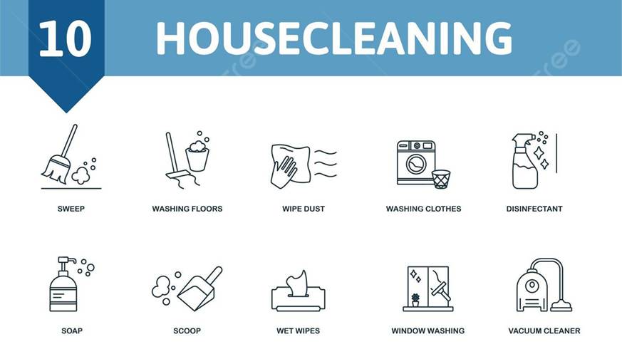 Host without the stress: An educational infographic titled "10 HOUSECLEANING" featuring a collection of ten simple black-and-white line icons depicting common domestic cleaning chores.