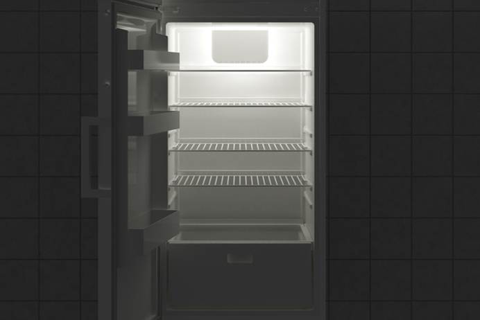 An open, completely empty refrigerator with its interior light on, set against a dark tiled background. Book a Pre-Vacation Home Deep Clean.