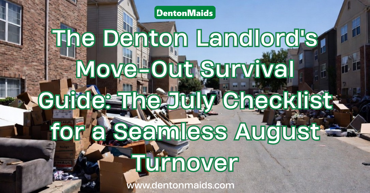 A street outside a brick apartment complex in Denton, Texas, cluttered with piles of discarded cardboard boxes, old furniture, and mattresses from tenants moving out. Overlaid green and white text reads, "The Denton Landlord's Move-Out Survival Guide: The July Checklist for a Seamless August Turnover," featuring the Denton Maids logo and website.