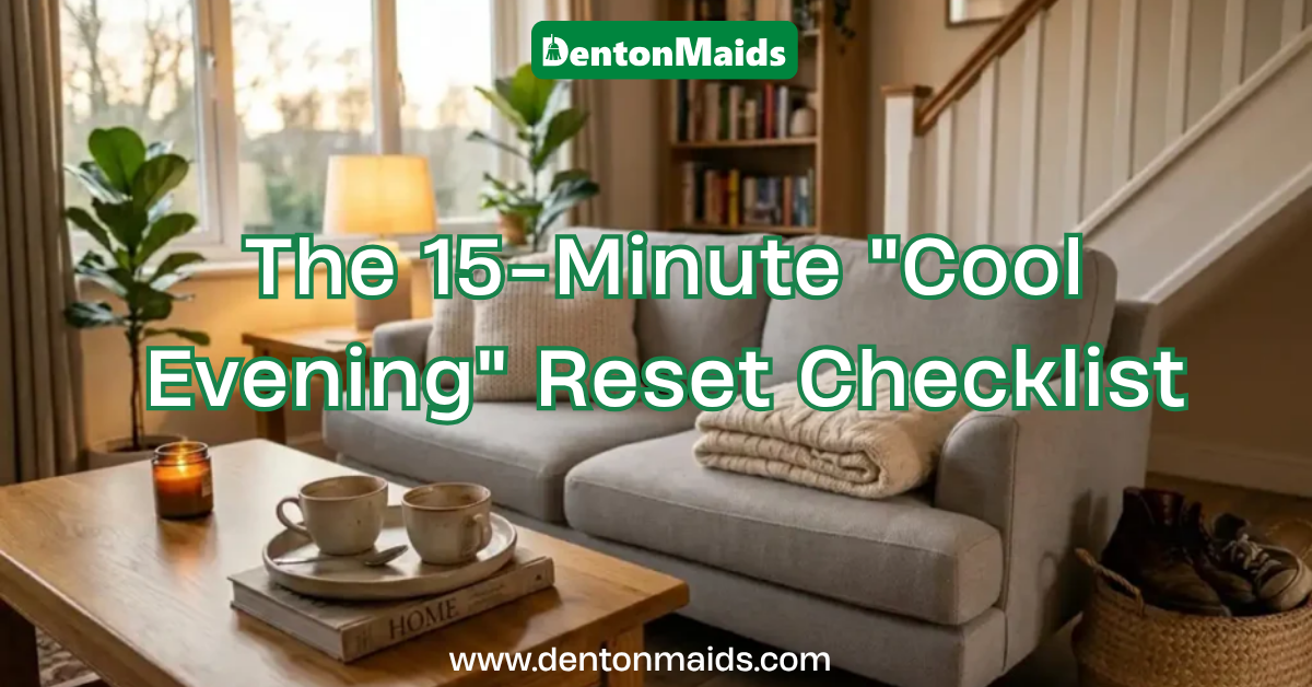 The 15-Minute "Cool Evening" Reset Checklist: A cozy living room featuring a gray couch, wooden coffee table with tea cups, warm lighting, and overlay text that reads: "The 15-Minute 'Cool Evening' Reset Checklist" with the Denton Maids logo.