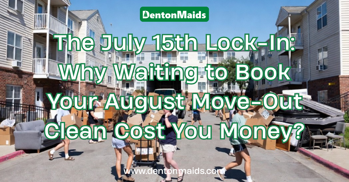 Promotional graphic for DentonMaids featuring text that reads, "The July 15th Lock-In: Why Waiting to Book Your August Move-Out Clean Cost You Money?" over an image of a busy apartment complex during move-out day.