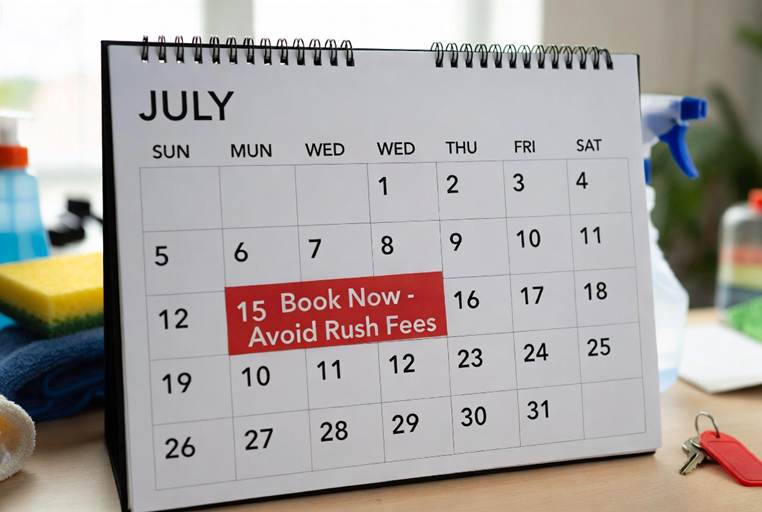 A desktop calendar open to July with a red block highlighting the 15th that reads, "15 Book Now - Avoid Rush Fees," surrounded by cleaning supplies.