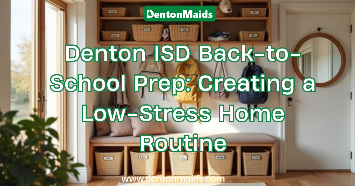 Back-to-School Prep: An organized home entryway with backpacks hanging above a wooden storage bench and baskets, featuring promotional text for Denton ISD back-to-school home routines by Denton Maids.