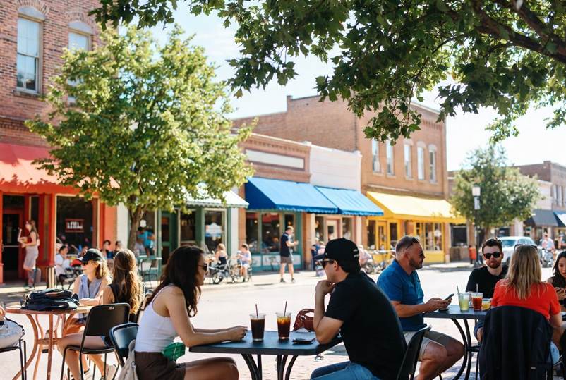 The Ultimate Denton Student Move-In & Move-Out Cleaning Checklist: People sitting at outdoor patio tables drinking iced coffee along a sunny, tree-lined downtown street with colorful storefront awnings and historic brick buildings in the background.