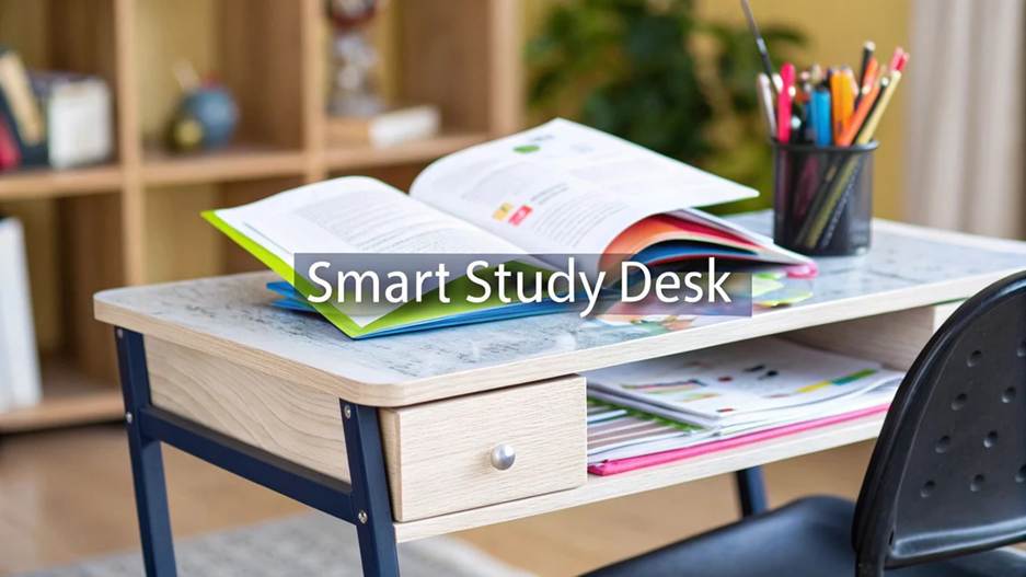 Back-to-School Prep: A light-wood student study desk with an open textbook, a pencil holder with colorful pens, and an overlay text reading "Smart Study Desk."