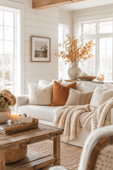 North Texas Fall Prep : Cozy fall living room with a white slipcovered sofa layered with knit pillows, an amber accent pillow, a chunky cream throw blanket, and a vase of golden autumn branches by the window.