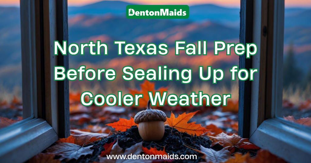 An open window overlooking autumn foliage with an acorn and fall leaves on the sill, featuring text that reads: "North Texas Fall Prep Before Sealing Up for Cooler Weather" by Denton Maids.