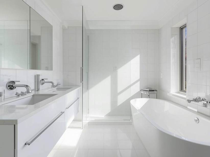 Sparkling modern white bathroom with soaking tub and glass shower maintained with a recurring clean