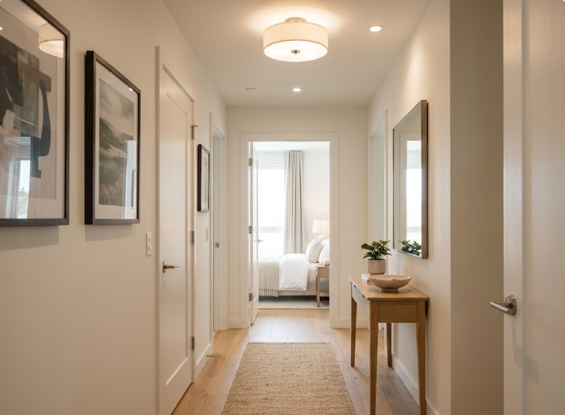 Bright, airy hallway with light wood floors, a natural jute runner, framed wall art, and a wooden console table leading directly into a sunlit bedroom.