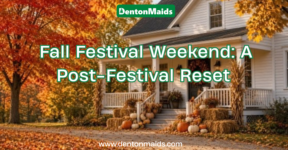 Fall Festival Weekend: A Post-Festival Reset blog graphic by Denton Maids featuring a white farmhouse porch decorated with pumpkins, hay bales, and autumn foliage.