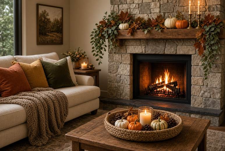 Fall Festival Weekend: A Post-Festival Reset : Cozy autumn living room featuring a lit stone fireplace, fall garland, and a rustic coffee table tray with pumpkins and a candle.