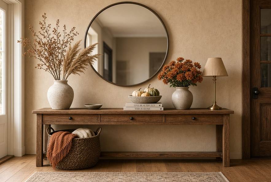 Organized fall entryway console table with a round mirror, dried pampas grass, decorative pumpkins, and a woven storage basket underneath.