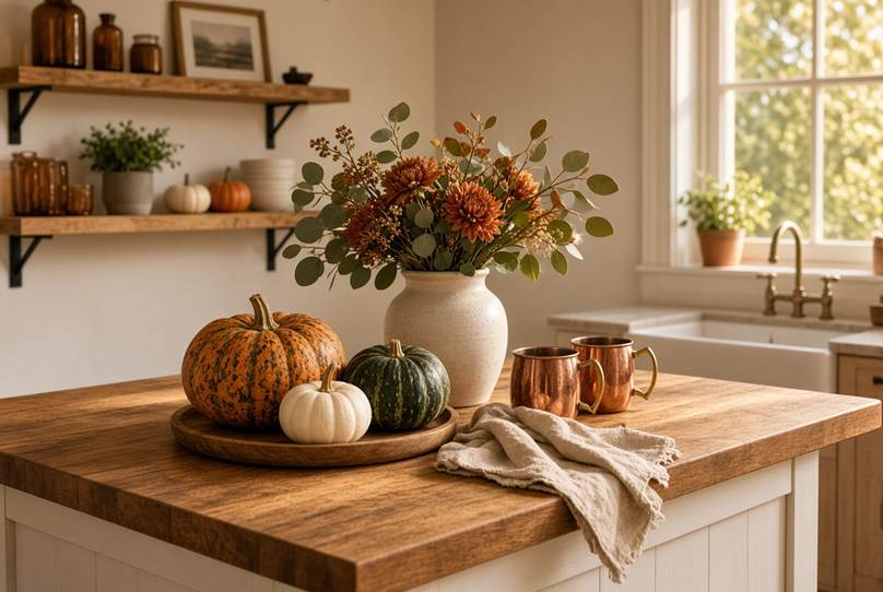 Fall Festival Weekend: A Post-Festival Reset : Autumn kitchen island centerpiece with pumpkins on a wood tray, a ceramic vase of eucalyptus and mums, and copper mugs.